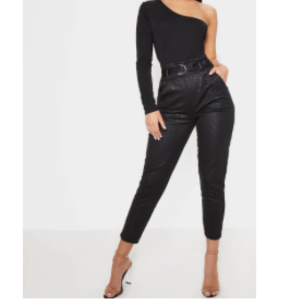Black Croc Print D Ring Belted Skinny Pants.